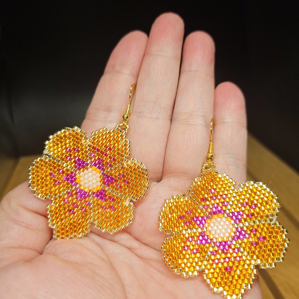 Handmade Beaded Flower Earrings - Felicity in Orange